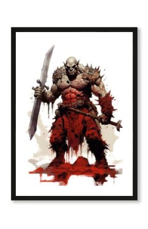 Fantasy RPG Bloody Barbarian painting, white background, created with generative ai