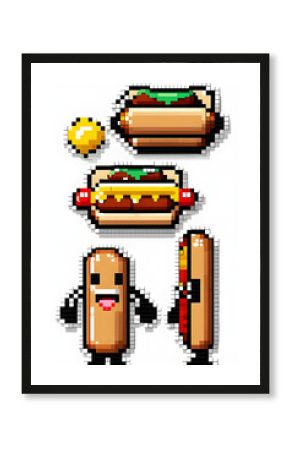 Pixel art of a hot dog done in 8-bit retro video game style