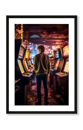 young man playing on an old arcade machine