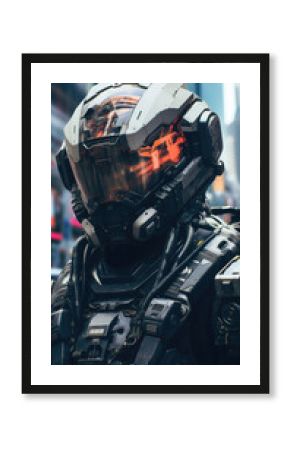 Wearing a sleek helmet that connects directly to their neural implants, a street samurai sits in the pit of a heavily armored combat mech, ready to engage in a highstakes battle.