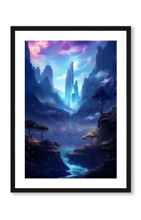 A breathtaking fantasy landscape with a majestic waterfall and towering mountains
