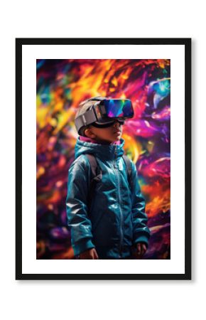 Generative AI, child, boy or girl in virtual reality glasses on an abstract multi-colored fantastic background, technology, augmented reality, metaverse, neural network, VR, computer game, kid gamer