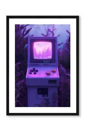 Retro Gaming Console in a Mystical Neon Forest