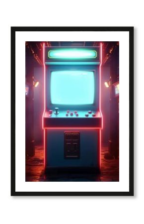 A vibrant red arcade machine glowing with neon lights, creates a vivid gaming atmosphere in a dimly lit futuristic setting