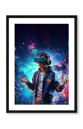 A man uses virtual reality glasses and interacts with neon holographic data. Metaverse, a futuristic cyber game concept.