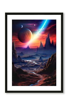 Fantastic landscape of an alien planet with rocks, ponds and other planets. Can be used for computer games, posters