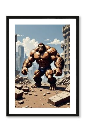 A cartoon gorilla in a collapsed building 8-bit
