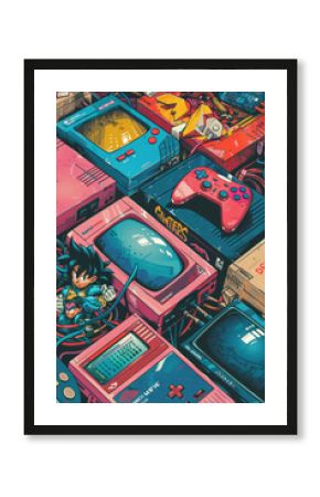 old fashioned video games illustration, in 90s in minimal pop style