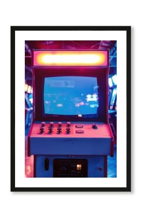 Retro arcade machine with glowing marquee in neon room