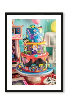 Retro Video Game Themed Birthday Cake with Pixelated Decorations and Gaming Consoles for Nostalgic Celebrations