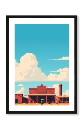 Pixelated Desert Town with Retro Western Cowboy Saloon in Vintage 8-Bit Style