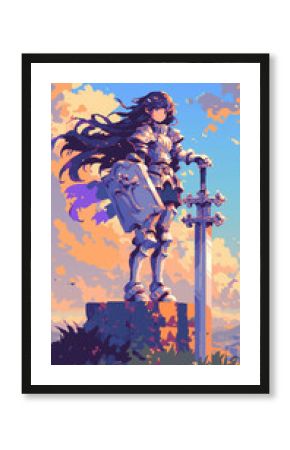 girl with a sword in pixel art style 