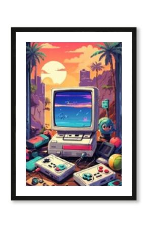 90s vertical illustration with computers and video games spread out on a table. Background with sun