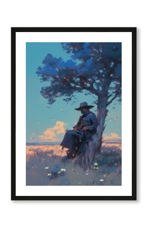 Solitary Cowboy Under Starlit Tree: Anime-Inspired Western Night Scene. Atmospheric 4K Digital Wallpaper Blending Classic Art and Japanese Animation Style for Creative Marketing, Book Illustrations, a