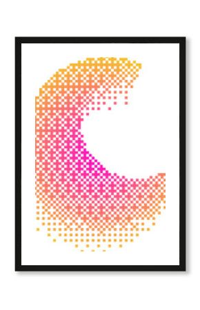 Pixel pattern crescent shape. Textured moon with bitmap Y2k dither gradient. Retro with old computer game graphic effect. Halftone illustration
