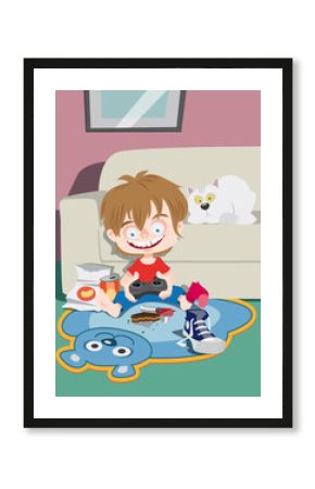 A little boy playing on a games console at home