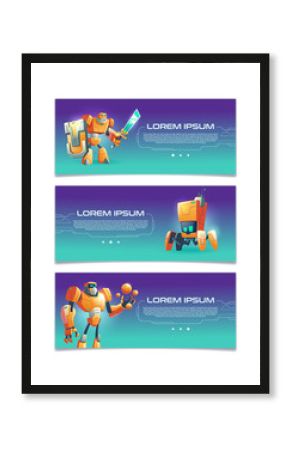 Artificial intelligence online service, robotics technologies startup, computer game portal cartoon vector web banners set with various design humanoid and four-foot futuristic robots illustration