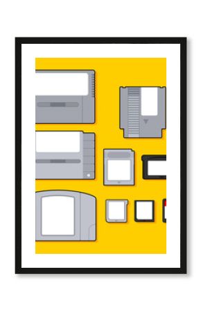 Collection of game cartridges. Set of game cartridges concept. Storage of gaming data. Arcade games memory. Vector graphic design illustration. Flat Style.