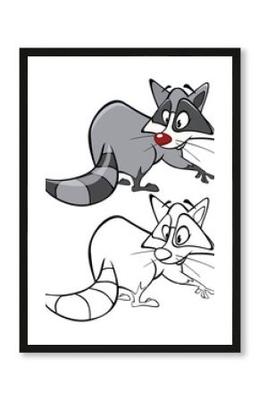 Vector Illustration of a Cute Cartoon Character Raccoon  for you Design and Computer Game. Coloring Book Outline Set 