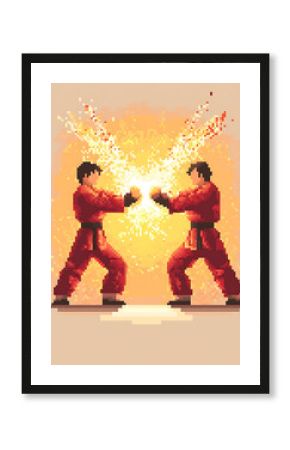 Pixelated martial artists in red gis clash with a burst of yellow sparks symbolizing energy and intense competition.