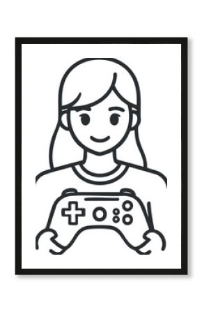 Line art illustration of a smiling girl holding a video game controller playing games