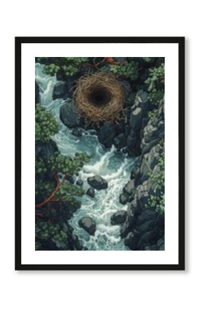 Pixel Art Game Scene Showing Top-Down View of Bird Nest Above Breathtaking River