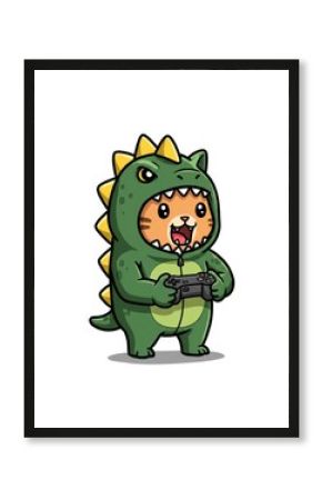 Adorable Gamer Kitty in a Dinosaur Costume Playing Video Games