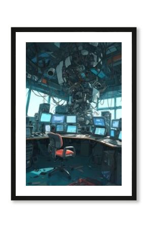 Cluttered control room with computers and monitors