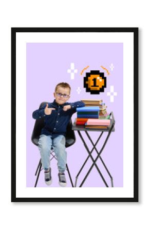 Bold and quirky visual with confident boy next to colorful books and coin power-up pixel art. Concept of academic motivation for kids, back to school campaigns