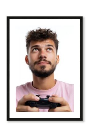 A young man playing a video game with a controller, focused expression, isolated on a pure white background. Gaming, entertainment.