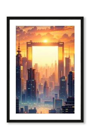 Pixelated video game advertisement with futuristic cityscape at sunset