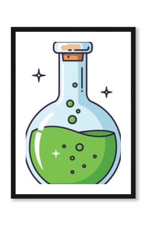 This 8-bit pixel art illustration depicts a round glass bottle with a cork stopper, filled with a vibrant green potion or elixir.