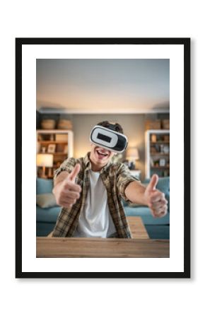 Excited man wearing vr headset giving thumbs up