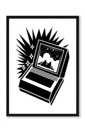 Retro arcade video game console with digital mountains scene