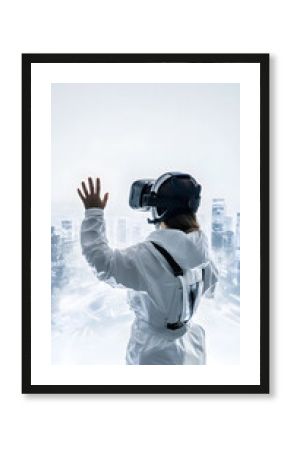 a person wearing noise-cancelling headphones - intensely focused on playing a strategy game on their computer. vertical - white background