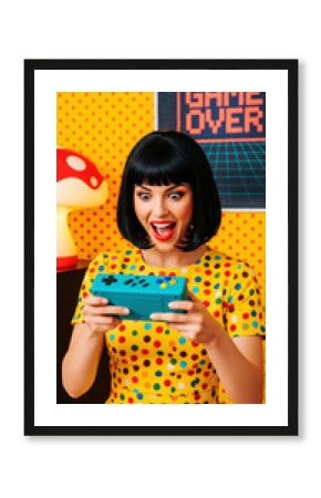 Excited woman playing retro handheld video game in a colorful room with polka dot wallpaper and a mushroom lamp, displaying a "Game Over" screen.