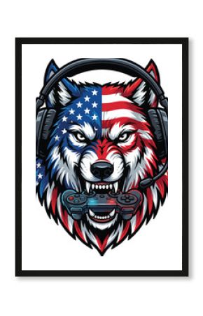 American wolf wearing headphones and holding a gaming controller