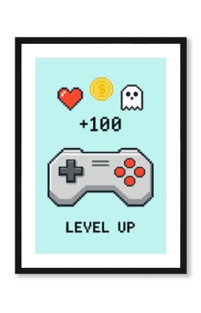 Retro Pixel Art Gaming Controller with Heart Coin and Ghost Icons, Level Up Video Game Concept Illustration on Blue Background