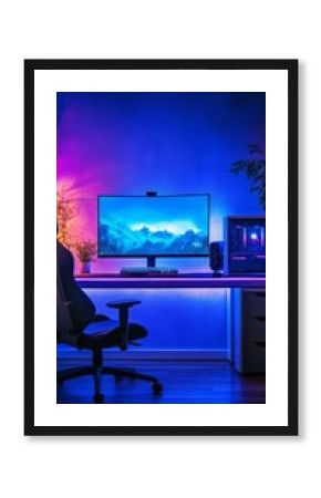 Vertical background image of gaming room with blue neon lighting and PC white screen mockup, Generative AI