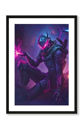 Cyberpunk warrior with glowing eyes and magic in dark background