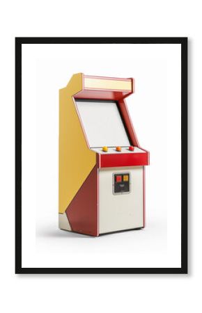 70s arcade machine retro red mustard yellow gaming console blank white empty screen vintage style classic buttons coin slot mock up nostalgic entertainment display template copy space backdrop