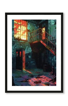 a dark and eerie prison corridor, illuminated by a single, dim light source. Water drips from the ceiling, creating puddles on the floor. The walls are covered in graffiti and grime, and the overall a