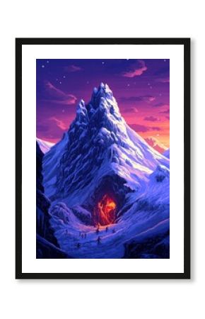 Pixel art snowy mountain glowing cave. Climbers explore glowing cave. Pixelated creatures move around. Cool evening sky. Retro style video game illustration. Frozen landscape. Adventure theme.