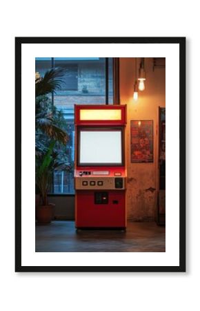 Bright red arcade machine in dimly lit room inviting play