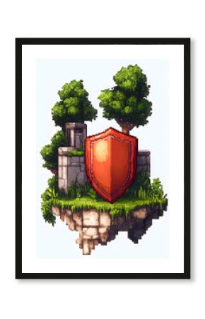 Pixel art shield guarding stone fortress on floating island, game asset, background trees.