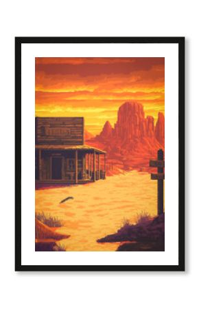 A stylized pixel-art Western desert scene with a fading sunset and towering rock formations. The nostalgic video-game aesthetic captures a timeless frontier landscape.