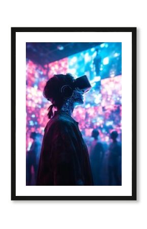 A woman wearing a VR headset stands in a crowd, looking up at a screen with colorful lights.