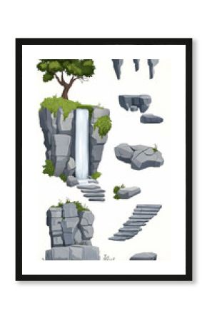 Cartoon waterfall, rocks, steps, and tree creates an illustration for game design.