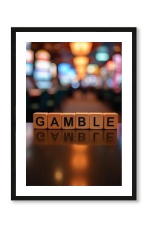 Gamble wooden cubes reflecting on shiny surface in casino