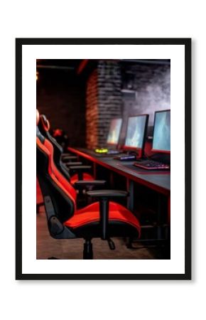 Modern Gaming Setup: Professional Red and Black Chairs and Monitors Ready